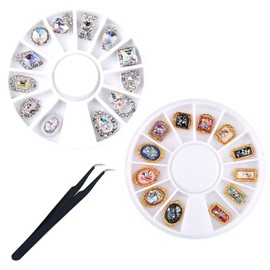 None Branded 24pcs Nail Parts Big 3D Nail Rhinestone Nail Stone Nail Jewelry Mix Nail Art Parts Set of 12 Tweezers Included