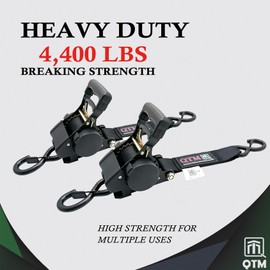 QTM Heavy Duty Retractable Ratchet Straps - 2 Inch X 10Feet, 4,400lbs Breaking Strength - Truck, Cargo Trailer, Motorcycle Tie Down Straps - 2 Pack with Bag (Black)