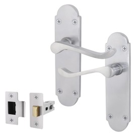 EAI Satin Door Handle Latch Set - Victorian Scroll Shaped | 1 Pair of Internal Satin Chrome Lever Handles on Backplate & Latch (64mm)