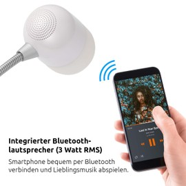 TechniSat VIOLA Table Lamp - LED Table Lamp with Bluetooth Audio Streaming and Wireless Charging for Smartphones (3 Watt Mono Speaker, Three Light Colours, Dimmable, Flexible Lamp Neck) White