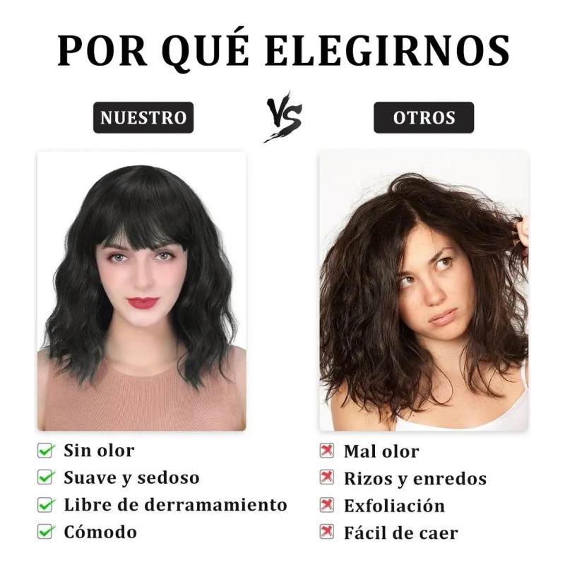 Peluca Mujer Corta Ondulada Negra Aspecto Natural Uso Diario