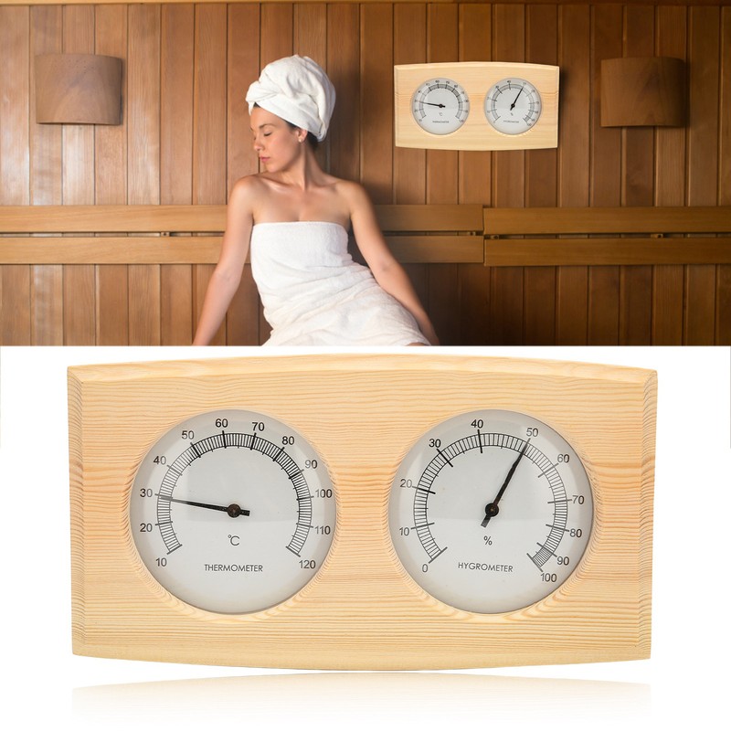 Wooden Thermometer Hygrometer for Sauna Room Double Dial Pointer Type