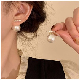 Inilbran Boho Pearl Ear Jackets Earrings Gold Pearl Stud Earrings Vintage Pearl Front Back Earrings Double Sided Pearl Earrings Jewellery for Women and Girls, Alloy Steel