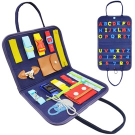 Goujfol Activity Board Montessori Toy, Busy Board for Children, Shoes Tying Learning Toddlers Motor Skills Board, Learning Basic Life and Fine Motor Skills Baby from 1 2 3 Years (Blue)