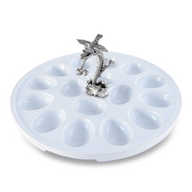 Vagabond House Stoneware Deviled Egg Tray with Pewter Song Bird Handle 10.5 inch Diameter