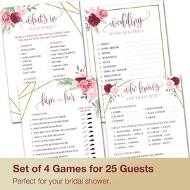 Bridal Shower Games - Wedding Shower Games - 4 Games for 25 Guests - Double Sided Cards - Rose Gold