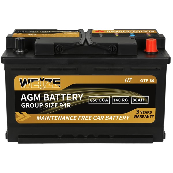 Weize Platinum AGM Battery BCI Group 94R - 12v 80ah H7 Size 94R Automotive Battery, 140RC, 850CCA, 36 Months Warranty