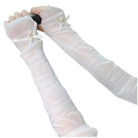 Women Arm Sunscreen Sleeves,1 Pair Summer Solid Bow Pearl UV Sun Protection Arm Sleeve,Long Ice Silk Sunblock Fingerless Gloves with Thumb Hole for Girls Outdoor Driving Running Cycling (White)