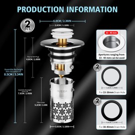 Pack of 2 Upgraded Bathroom Sink Plug, 304 Stainless Steel Pop Up Drain Strainer, Metal Drain Plug, Universal, Sink Plug, with Filter Strainer, Drain Plug for Bathroom, Sink and Kitchen, Silver (33-40