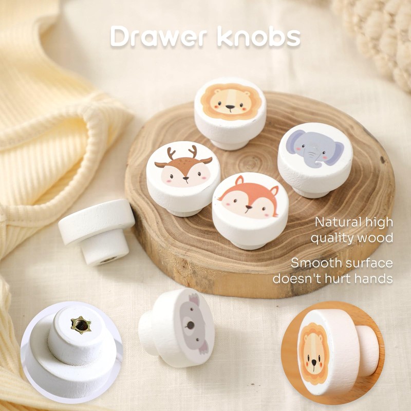 MOROBOR White Wooden Drawer Knobs, 6PCS Animal Pattern Decorative Knobs
