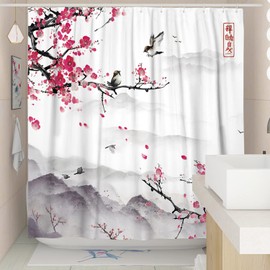 Witzest Japanese Cherry Blossom Shower Curtain Set, Asian Anime Shower Curtains for Bathroom Cool Wash Painting Abstract Art Decor Polyester Fabric-72" x 72"