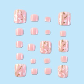 Pink Toenail Press ons Short Square Fake Toenails Cute Glossy Summer Toe Nails Gold Lines，Leaf Design Fake Toe Nails Full Cover Summer Acrylic Toe Press on Nails for Women Girls Artificial Nails 24Pcs