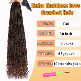 ZRQ 30 Inch Boho Faux Locs Crochet Hair 9 Packs Goddess Locs Ombre Brown Boho Soft Locs Hair with Curly Ends Pre-looped Long Bohemian River Locs Crochet Hair for Black Women (30Inch, T30#)