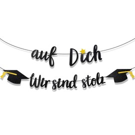 Graduation Decoration - 'Wir sind stolz auf Dich' Glitter Garland Banner with Graduation Hat Motif - Graduation, Bachelor & Master Party Decoration for Passed Exam - Festive Graduation Party