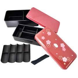Japanese Traditional Rabbit Blossom Bento Box Set - Square 2 Tier Bento Box, Rice Ball Press, Bento Bag (Red)