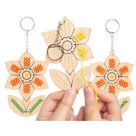 Baker Ross Daffodil Keychain Wooden Cross Stitch 5 Pieces Easter Crafts for Kids (AT605) Medium Yellow Orange