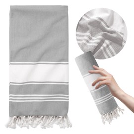 THREAD SPREAD - Juego de toallas de playa 100% algodón de 2 a 39 x 71 pulgadas de gran tamaño con bolsa, de secado rápido y suave, duraderas para piscina, gimnasio, yoga, toalla de baño con patrón de chambray para adultos, color gris