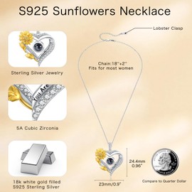AENEAS Sunflower Heart Necklace 925 Sterling Silver You Are My Sunshine Pendent I Love You Necklace 100 lauguages Projection Jewelry Gifts for Daughter/Wife/Mum