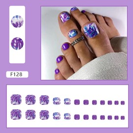 Vezocim Press on Toenails with Vine Leaf Designs, Artificial Purple Fake Nails for Toe, Glossy Full Cover Square Acrylic False Nails, Glue on Toenails with Charm, Stick on Toe Nails for Women