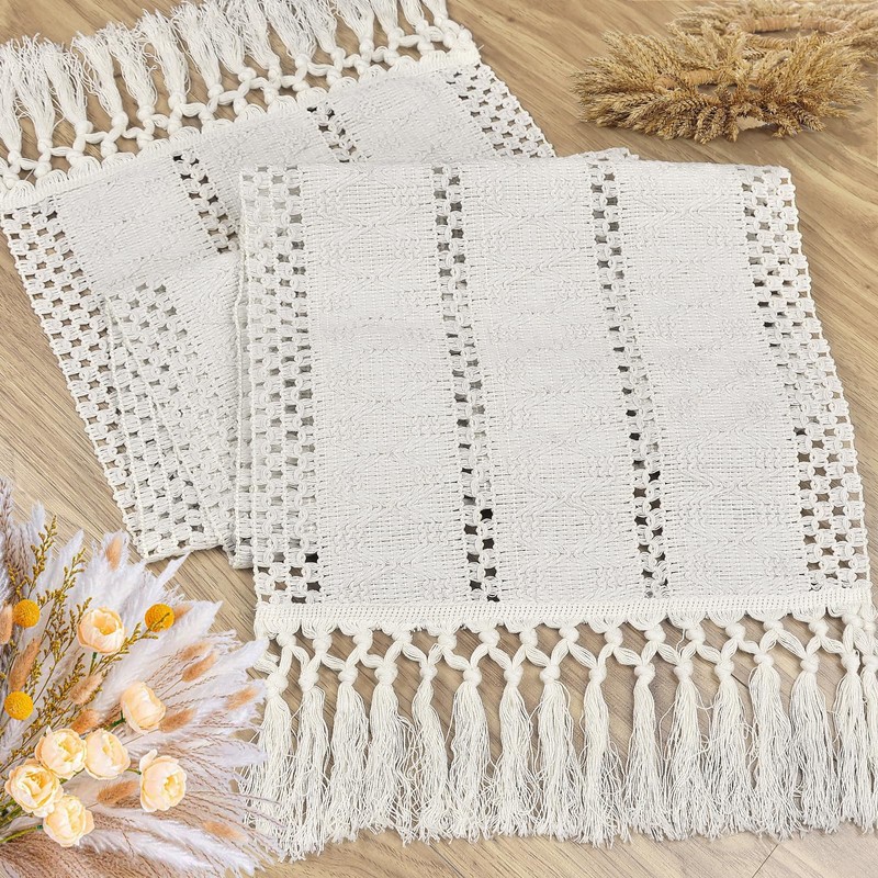 yuboo Boho Table Runner Short, Fall Beige Macrame Coffee Table