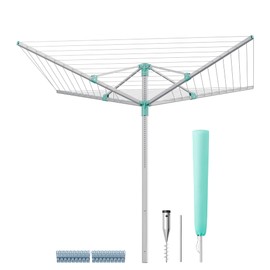 SONGMICS Umbrella Drying Rack, Retractable Outdoor Drying Rack, Height Adjustable, 164 ft Long Clothesline, Holds 5 Laundry Loads, for Garden, with Ground Spike, Cover, Silver and Green ULLR301E01