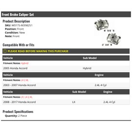 Marketplace Auto Parts Front Brake Caliper Set of 2 - Compatible with 2003-2017 Honda Accord 2.4L 4-Cylinder (W0175-M398251)