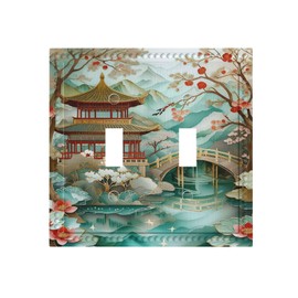 PPZCXWP Asian Palace Traditional Bridge Cherry Blossoms Light Switch Covers Double Toggle 2 Gang Wall Plate Dual Decorative Switchplate Electrical Faceplate for Farmhouse Decor