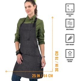Under NY Sky Work Apron – Bib Style, 3 Pockets, Towel Loops - Adjustable for Men, Women – Cook, Chef, Server, Baker, Barista - Black Denim