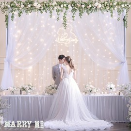 10x10ft White Tulle Backdrop Curtain with Lights String for Parties Wedding Twinkle Sheer Backdrop Curtains for Bridal Shower Birthday Party Baby Shower Christmas Photo Booth Background Decorations