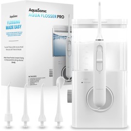 AquaSonic Aqua Flosser PRO | Professional Water Flosser with Large Capacity Reservoir | Oral Irrigator w/ 2 Modes, 10 Levels of Water Pressure, 4 Included Tips | Sleek & Compact