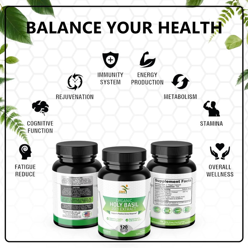 Smshealthproducts Holy Basil 20:1 Extract 2.5% Ursolic Acid Organic 120