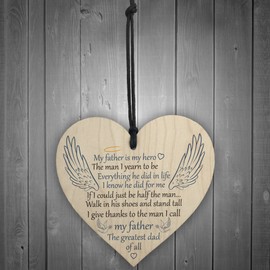 RED OCEAN Father Is My Hero Memorial Wooden Hanging Heart Grave Plaque Sign Angel Wings