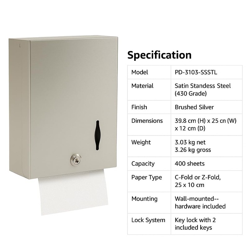 Chabrias Stainless Steel Paper Towel Dispenser Wall Mount – Multi-Fold
