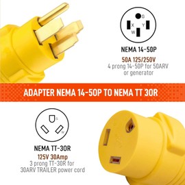 50A to 30A RV Power Adapter, NEMA 14-50P to TT-30R 4 Prong to 3 Prong Converter,50A Male to 30A Female RV Plug Adaptor Connector, Electrical Converter for Travel Trailer Camper, 30A 125V