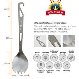 TiTo Titanium Bottle Opener Spork Lightweight Metal Portable Reusable Flatware Spoon Fork for Outdoor Camping Traveling Hiking and Picnics Dinner Cutlery with Cloth Bag (Sandblasting)