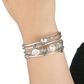 Crystal Beads Layered Bangle Bracelet, Silver Plated Metal Wrap Bracelet with Pearl, Jewellery Gifts for Women Ladies Friends（92-Green）