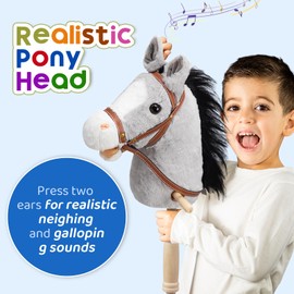 HollyHOME Stick Horse Plush Handcrafted Hobby Horse on a Stick with Wood Wheels Real Pony Neighing and Galloping Sounds for Kids Toddlers Grey 36 Inches(AA Batteries Required)