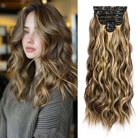 Clip in Hair Extensions for Women 6PCS Clip Ins Long Wavy Curly Hair Extension 22 Inch Synthetic Hair Extension Thick Hairpieces (Brown Mix Blonde)