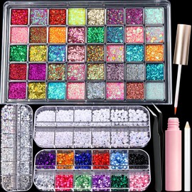 FANDAMEI Face Glitter Rhinestones Kit, 40 Colors Gel Palette, 2 Boxes Rhinestones for Face Nail Clear&Colorful, 1 Box Pearl Gems with Makeup Glue. Glitter for Women Girls Kids Makeup