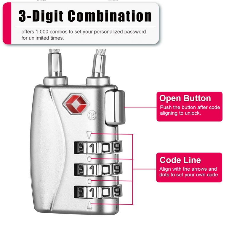 ZHEGE TSA Lock for Luggage 3 Digit Combination Cable Lock