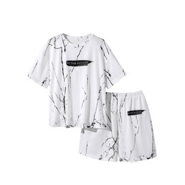 SHENHE Boy's Summer 2 Piece Outfits Graphic Crewneck Loose Tee Shirt and Shorts Casual Set White 8Y
