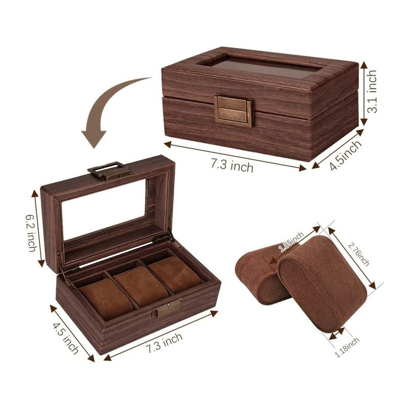 3 Slot Watch Display Case Wood Detachable Pillow Glass Cover