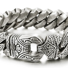 Mens Old Metal Vintage Silver Color Steel Fancy Curb Chain Bracelet with Tribal Tattoo Pattern Retro (CA)