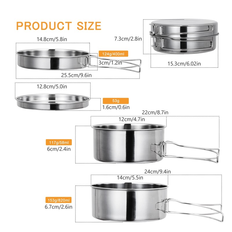 Lixada Camping Cookware Set 4-Piece Stainless Steel Camping Pot Compact