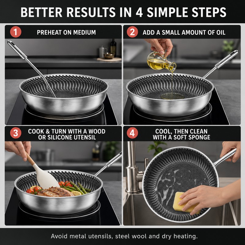 316 Stainless Steel Honeycomb Wok Pan, Tri-Ply Skillet