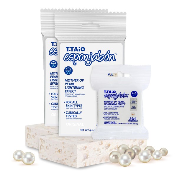 T.Taio Esponjabon Oat Soap Sponge - Cleansing Shower Scrubber - Cleaning Bath Wash & Oil Removal - Bathroom Accessories - Fresh Scents - Pearl with Mini