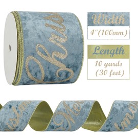 HUIHUANG Merry Christmas Ribbon 4 inch Dusty Blue Velvet Wired Ribbon with Glitter Gold Merry Christmas Ribbon for Christmas Trees, Tree Top Bows, Garlands, Staircases, Wreaths-10 Yards