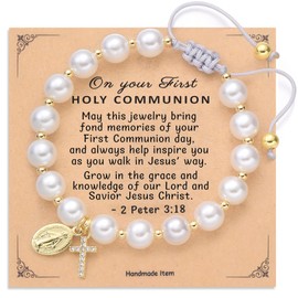 GINAZL First Communion Gifts, Virgin Mary Pearl Bracelet 14K Gold Plated Charm Bracelets for Women Rope Adjustable Tiny Cute Cross Bracelet First Holy Communion Gifts (FPB)
