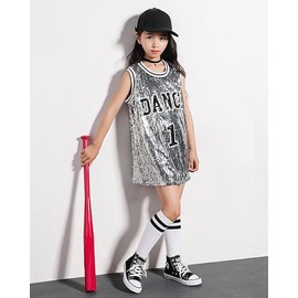 LOLANTA Girls Hip Hop Dance Clothes Kids Jersey Sequin Dress Long Tank Top Jazz Cheerleading T-shirt(Grey,10-12)