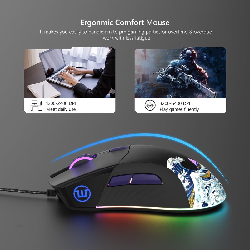 Womier Wired Gaming Mouse,Black RGB Anime Mouse w/Ergonomic Computer 12000DPI/6